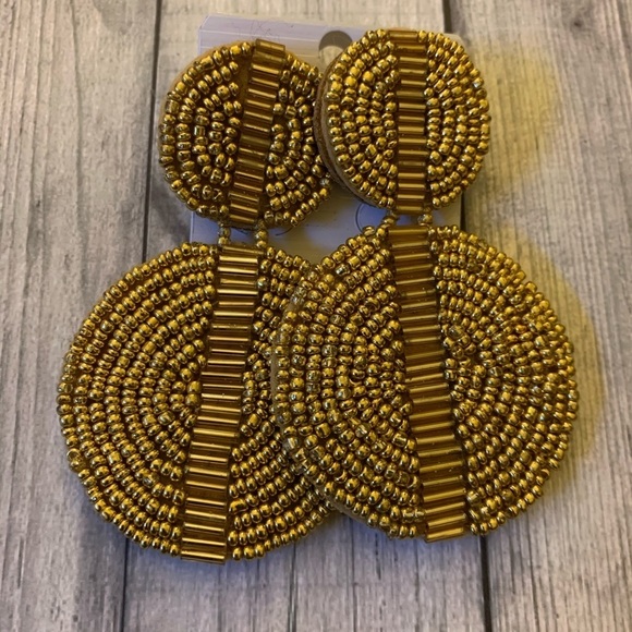 Jewelry - Bohemian Beaded Sun Disk Earrings, Metallic Gold